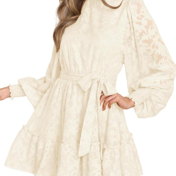 Dresses & Skirts - Womens Floral Lace Mini Dress High Neck Long Sleeves Party Elegant
